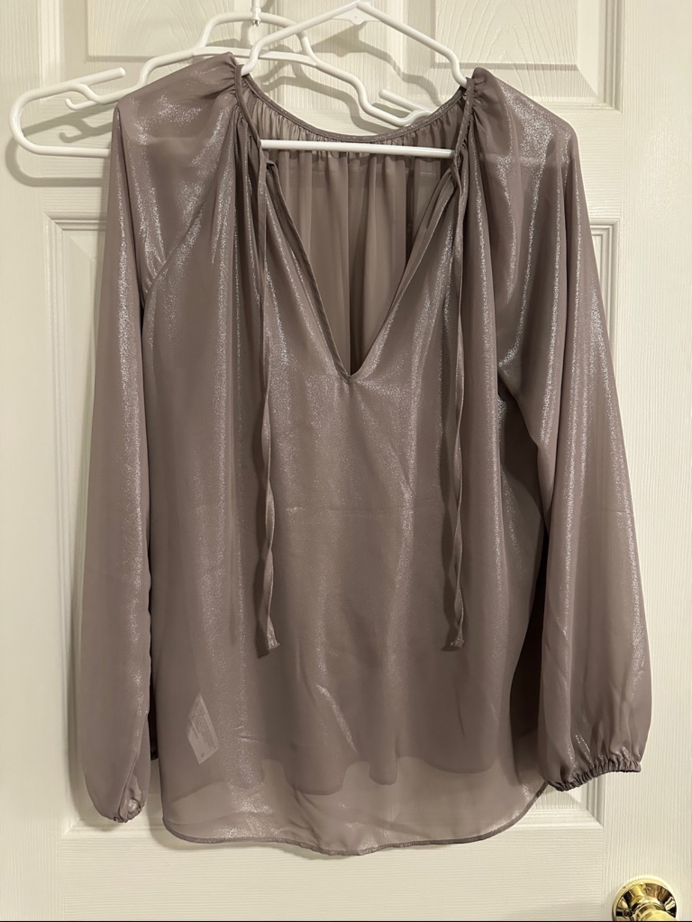 Prologue Shimmer Tie-Neck Blouse in Taupe Gray